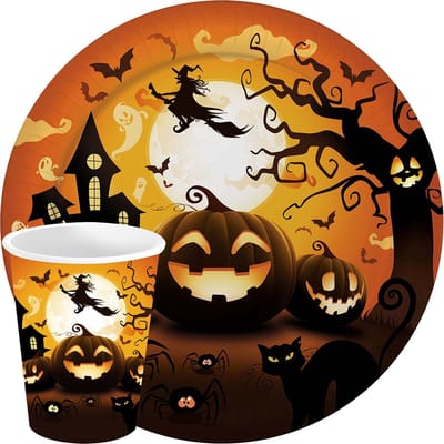 Fiestas Halloween/horror pompoen feest servies borden en bekers - 24x - zwart- papier