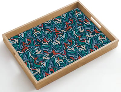 Dienblad hout 50x35 cm - Schootdienblad - Golven - Retro - Blauw - Patroon - Borrelplank rechthoek - Plateau dienbladen
