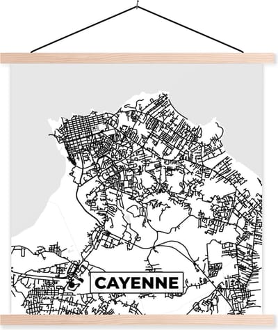 Posterhanger incl. Poster 40x40 cm - Schoolplaat - Stadskaart - Cayenne - Plattegrond - Kaart - Frankrijk - Zwart wit - Textielposter - Blanke latten - Stadskaart