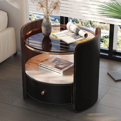 Nachtkastje Rond met Lade en Open Opbergvak Ø50 cm - Luxe Lederlook Afwerking, Gehard Glas & Sintersteen Tafelblad, Massief Houten Bedtafel voor Slaapkamer en Woonkamer - Zwart - Mobili Bella