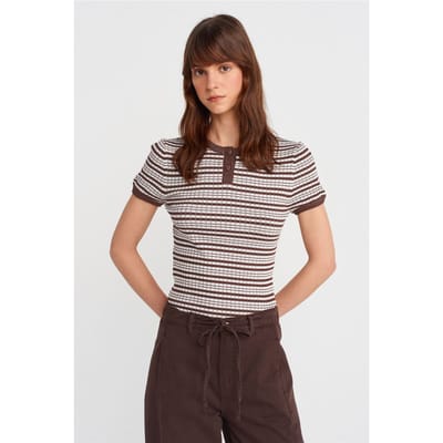 Gestreepte Geribbelde Blouse met Knopen aan de Voorkant