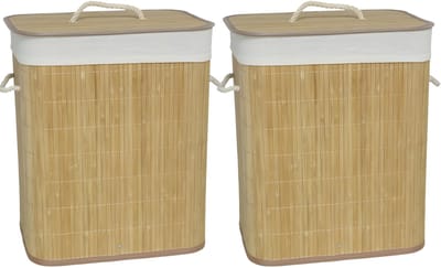 Gerimport Wasmand van bamboe Irka - 2x - 60 liter - 30 x 40 x 50 cm - met deksel / binnenvoering - opvouwbaar