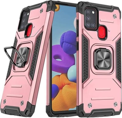 Hoesje Geschikt Voor Samsung Galaxy A21S Hoesje - Heavy Duty Armor hoesje Rose Goud – ringhouder met Magnetisch Auto Mount