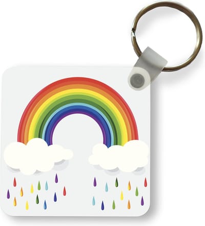 Sleutelhanger - Uitdeelcadeautjes - Een illustratie van een regenboog met wolken en regenboog druppels - Plastic