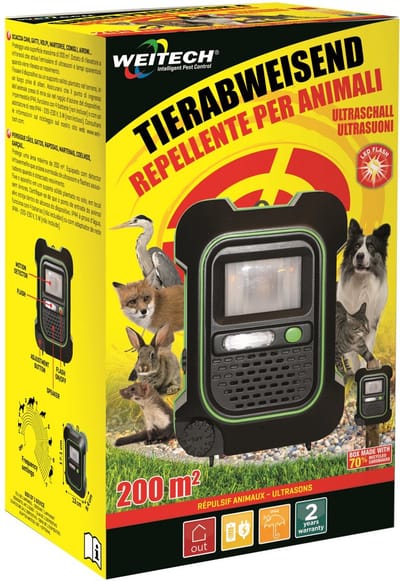 Weitech Garden Protector 4 - Dierenverjager 200 m² - Ultrasoon & Flits - Tegen honden, katten, vossen, marters, konijnen, reigers enz - WK0054