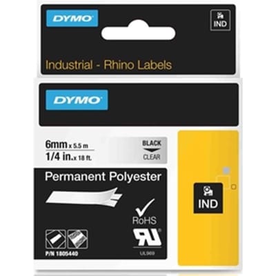 DYMO 1805440 IND Rhino tape permanent polyester zwart op transparant 6mm (origineel)