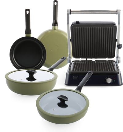 BK Enjoy Pannenset 4-delig met Contactgrill - 24/28cm - 3.4/4.2L - 2000W - PFAS vrije antikleeflaag - Pannenset inductie - Keramische pan - Ovenbestendig tot 160° - Hapjespan 28cm met deksel - Koudgrepen - Olijfgroen