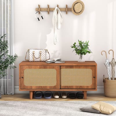 Schoenenkast - 104x40x48 cm walnoot - rattan deuren met verstelbare planken - ventilatie & vochtbestendig - 12 cm vrije ruimte