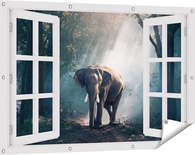 Gards Tuinposter Doorkijk Olifant in het Bos met Zonneschijn - 120x80 cm - Tuindoek - Tuindecoratie - Wanddecoratie buiten - Tuinschilderij