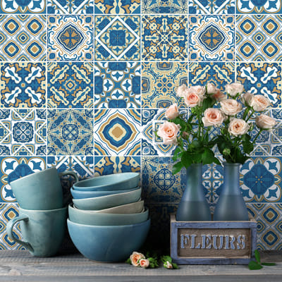 Zelfklevende tegelmuurstickers voor keuken en badkamer - 9 cementtegelstickers, Azulejos Isabelo - 9 stickers, 10x10cm