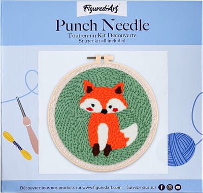 Figured'Art Punch Needle Kit voor Volwassenen en Kinderen - Vos - Perfect voor Beginners. Compleet klaar-om-te-borduren set, maat 20x20 cm met ronde frame
