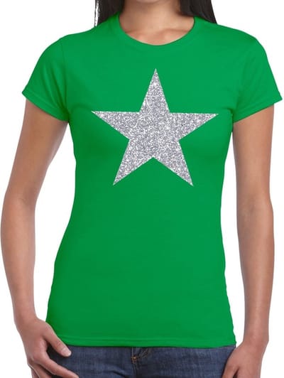 Glitter and glamour ster T-shirt - zilver glitters - groen - dames - Verkleedkleding - Feestkleding XS