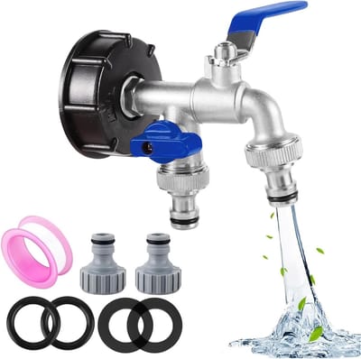 Drain Tap voor IBC-tank - 1000L Wateropslag, Dubbele Uitloop, 1/2 Inch Aansluiting, Ideaal voor Regenwater en IBC Tankaccessoires