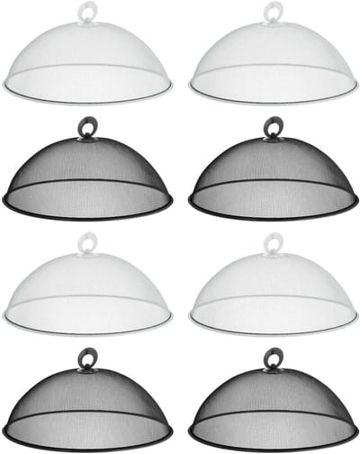 Voedselafdekhoes Set - Vliegenkap Schaal - Gerechten Beschermen - Robuust Metaal - 8 Stuks 30cm - Zwart Wit