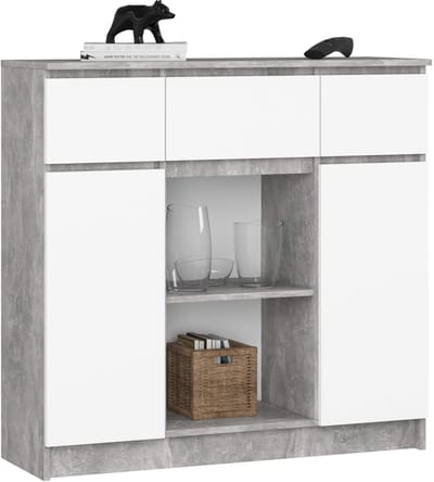 Ladekast K100 met 3 Lades, 2 Deuren en 1 Plank / AKORD Furniture Factory / Beton Grijs - Wit / 101 x 98 x 35 cm