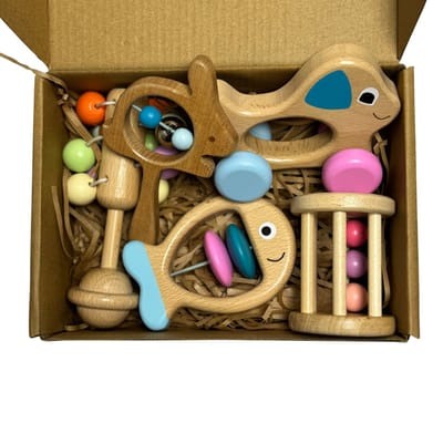 The Baby Supply Houten Rammelaar set 5-delig – Veilig, Educatief & Prachtig Speelgoed voor Jouw Baby