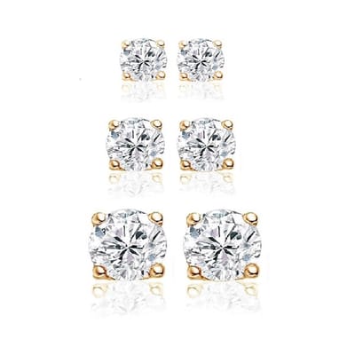 New Bling 929901023 Zilveren oorknoppen - Set van 3 paar oorknoppen - 4, 6 en 8 mm Zirkonia - Rond - Goudkleurig