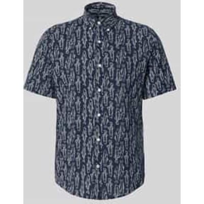 LERROS Overhemd met korte mouwen en all-over print in maritieme stijl , Maat: M , Kleur: CLASSIC NAVY , 99% katoen, 1% elastaan