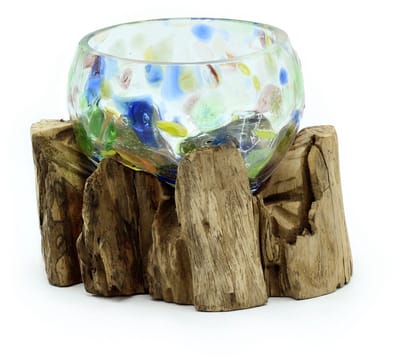 Ancient Wisdom - Decoratief beeld - Gesmolten gekleurd glas op hout met tijgeroog edelstenen - orgoniet - boompje - gerecycled glas - gamal hout - verzameldoosje