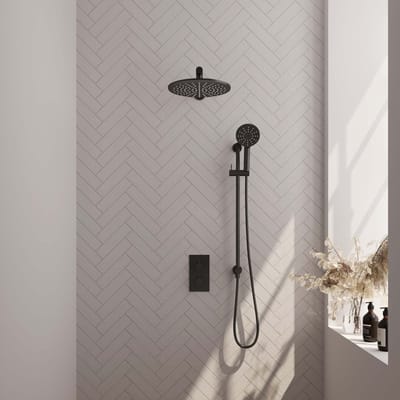 Brauer Black Edition thermostatische inbouw regendouche 3-weg omstelling SET 44 met 30 cm douchekop en rechte muurarm en 3-standen handdouche en doucheslang en geïntegreerde glijstang mat zwart