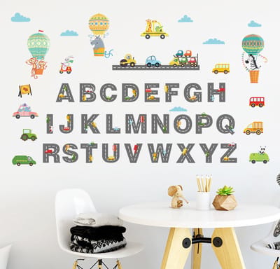 Muursticker kinderkamer Alfabet snelweg met auto's en luchtballonen| Stickers zelfklevend |kinderkamer decoratie| slaapkamer |Meisje | Jongen | Huis inrichting | Stickerkamer®