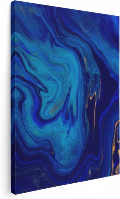 Artaza Canvas Schilderij Abstracte Kunst - 30x40 cm - Klein - Wanddecoratie Blauw - Muurdecoratie Goud - Kamer Accessoires