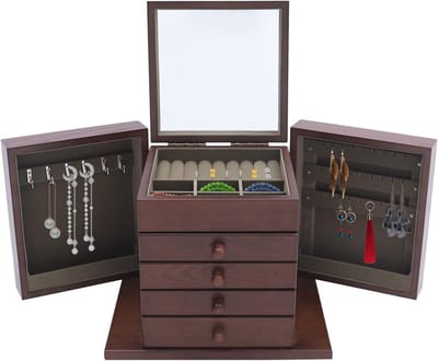 Houten Sieradendoos - Opbergdoos Lade - Sieraden Organiseren - Met Spiegel - 5 Lagen - Bruin