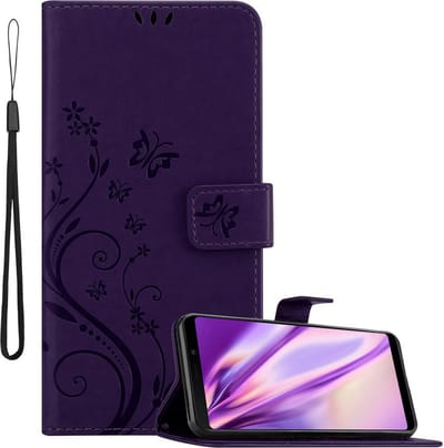 Cadorabo Hoesje geschikt voor Samsung Galaxy A9 2018 in BLOEMEN DONKER PAARS - Beschermhoes in bloemmotief met magnetische sluiting, standfunctie en kaartsleuven Book Case Cover Etui