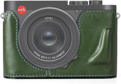 Stijlvolle retro leren camera case voor Leica Q3, beschermende halfcase met toegang voor batterij en geheugenkaart, groen, premium kwaliteit