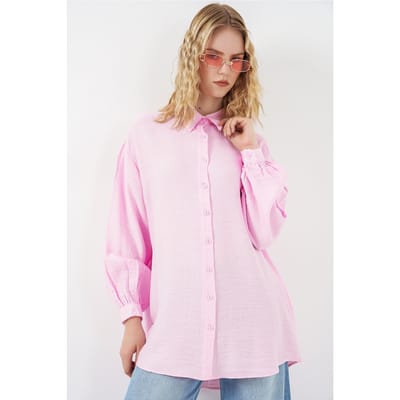Oversized Textuur Lange Blouse met Shirtkraag