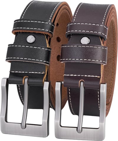 De Lederwaren Ambacht - Heren Riemen - 2 Stuks - Splitleer Riemen met Witte Stiksels - Zwart & Bruin - Maat 100