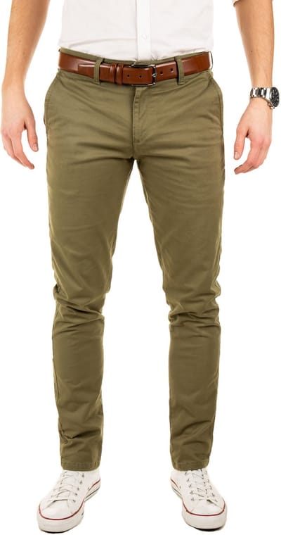 Yazubi Heren Chinobroek Dustin – Inclusief riem – Slim Fit – Katoen Stretch – Olijfgroen – Met riem & 5-pocket