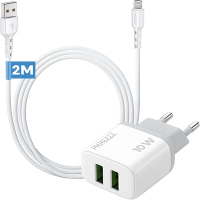 Phreeze usb oplader 12 W - Oplader kabel geschikt voor iPhone 14 13 12 11 X XR XS Max Pro Mini Plus en iPad met Lightning - 2 meter - Oplaadstekker