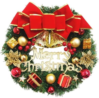 Kerstkrans-Groen-Rood-30cm-Ronde-Deurkrans-Gouden-Lint