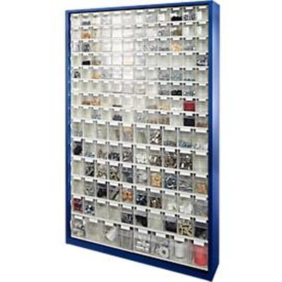 Opbergbakkast, volume 635 l, 154 uitneembare opbergboxen met verzonken greep, B 1270 x D 250 x H 2000 mm, g.blauw/transparant