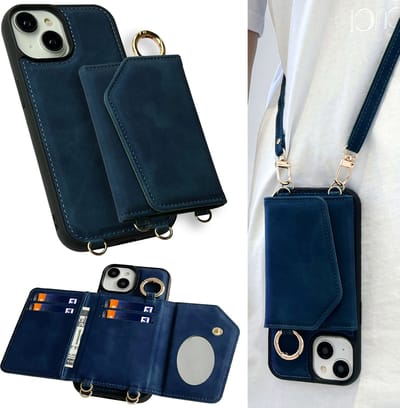 Casemania Hoesje Geschikt voor Apple iPhone 16 - Navy Blue - Luxe Telefoonhoes met Koord - Wallet Case met Spiegeltje en Pasjeshouder - Crossbody Draagbaar Alles-in-één Back Cover