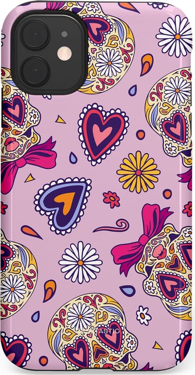 Casetastic hoesje geschikt voor Apple iPhone 11 - Dubbellaagse bescherming - Dia de los Muertos Doodshoofd Strik - Fashion Case - Lichtroze Lila Taupe Zilver