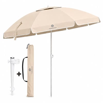 Fleau Goods Luxe Parasol Set 180cm - UV Bescherming - Strand / Tuin - Strandparasol met Grondboor en Draagtas - Inclusief Voet en Hoes - Strandset - Beige