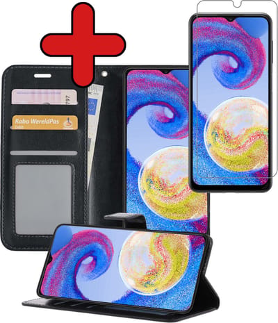Hoesje - Met Screenprotector - Geschikt voor Samsung Galaxy A04s - Luxe Pasjeshouder - Flipcase - Bookcase Portemonee - Flip Case - Kunstleer Book Case - Book Cover - Walletcase - Portemonneehoes - Telefoonhoes - Zwart