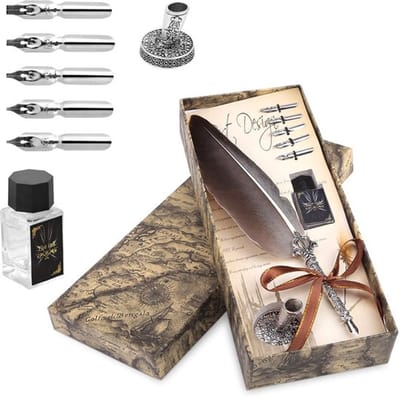 Veerpen Set - Antieke Veerpen met 6 Vervangbare Pennen - Inktfles - Pennenhouder - Creatief Schrijven - Kunst en Ambacht - Schrijfpen