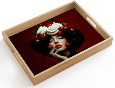 Dienblad hout 40x30 cm - Schootdienblad - Vrouw - Kersen - Slagroom - Borrelplank rechthoek - Plateau dienbladen