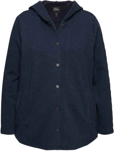 Ulla Popken - Dames - Hoodie-jack kabelsteek drukknopen langere achterkant - Marine - Maat 46+