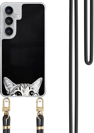 Telefoonhoesje met koord geschikt voor Samsung S25 FE - Kat kiekeboe - Inclusief Zwart koord - Transparant, Zwart - Print - Crossbody beschermhoes - Met Telefoonketting