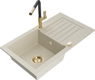 Mexen Pablo granieten gootsteen met 1 kuip met afdruiprek en keukenmengkraan Flora, beige - 6510-69-670401-57-G