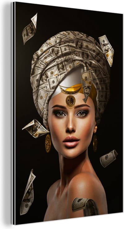 Wanddecoratie Metaal - Aluminium Schilderij Industrieel - Vrouw - Bankbiljetten - Zwart - 40x60 cm - Dibond - Foto op aluminium - Industriële muurdecoratie - Voor de woonkamer/slaapkamer