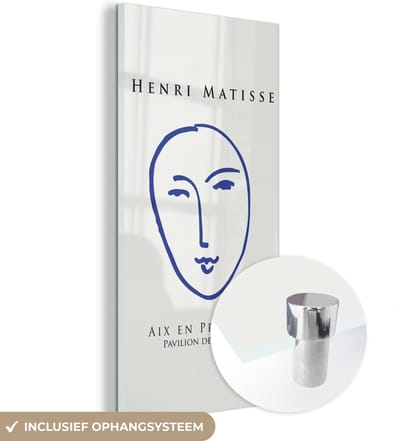 MuchoWow® Glasschilderij 60x120 cm - Schilderij acrylglas - Henri Matisse - Hoofd - Vrouw - Blauw - Abstract - Foto op glas - Schilderijen