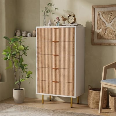 Commode met 5 lades, nachtkastjes voor de slaapkamer, nachtkastje 34x60x109,8 cm, bijzettafels voor de woonkamer met lades, houten opbergkast, commode voor woonkamer, hal, slaapkamer