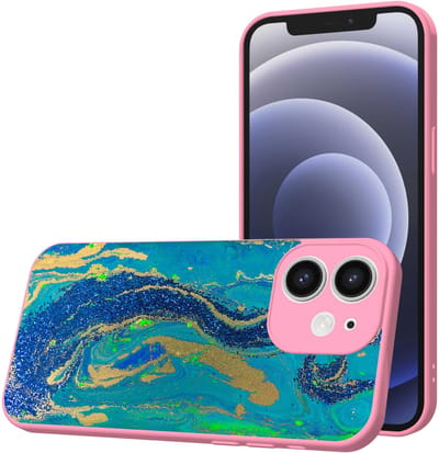 Smartphonica Telefoonhoesje Geschikt voor iPhone 12 met Blauw Goud Marmer opdruk - TPU Back Cover Case Blue Gold Marble Design - Roze geschikt voor iPhone 12