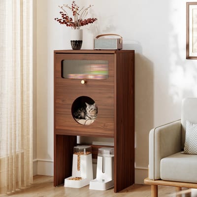 LITTLE TREE Houten Kattenbakschuilhuis - Met Ronde Ingang & Schuifdeur - Modern Eindtafeltje - Hoge Kattentoilet - Geschikt voor Woonkamer, Slaapkamer & Smalle Ruimtes