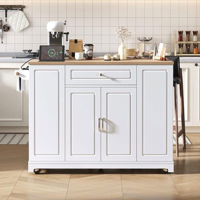 BLACKCOLORS Keukeneiland op wieltjes, keukeneiland met uitschuifbaar eetgedeelte, multifunctionele lades en afvalbak, mobiel keukeneiland, ideaal voor de keuken en eetkamer (wit)